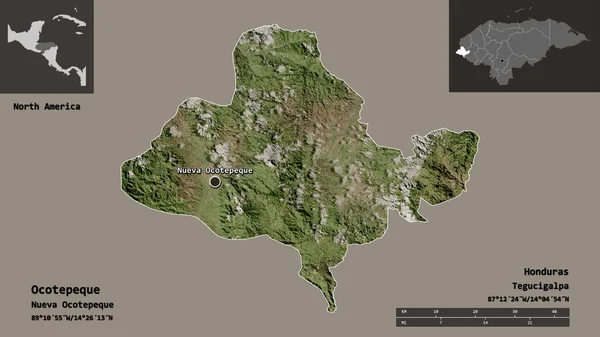 洪都拉斯省Ocotepeque的形状及其首都 距离刻度 预览和标签 卫星图像 3D渲染 — 图库照片