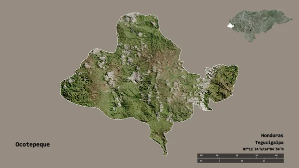 ホンジュラスのオコペケ県の形で その首都はしっかりとした背景に隔離されています 距離スケール リージョンプレビュー およびラベル 衛星画像 3Dレンダリング — ストック写真