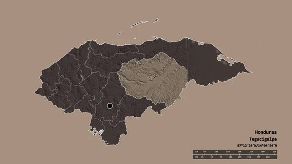 Forme Désaturée Honduras Avec Capitale Principale Division Régionale Région Séparée — Photo