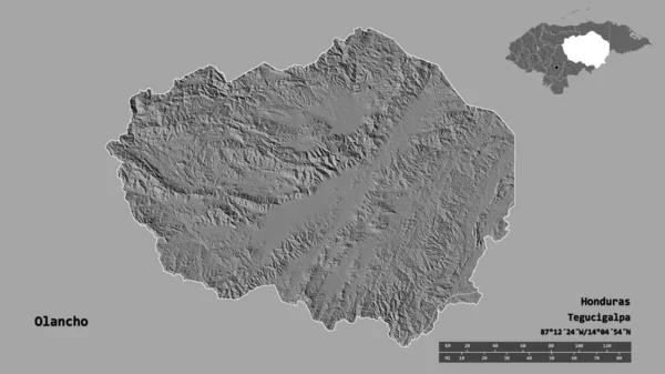 Kształt Olancho Departament Hondurasu Kapitałem Odizolowanym Solidnym Tle Skala Odległości — Zdjęcie stockowe