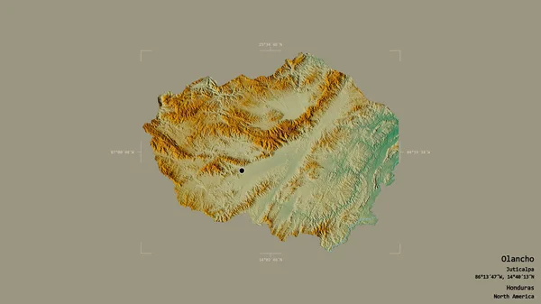 ホンジュラスの部門であるOlanchoのエリアは 洗練された境界ボックス内の強固な背景に隔離されています ラベル 地形図 3Dレンダリング — ストック写真