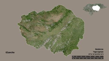 Olancho 'nun şekli, Honduras Departmanı, sermayesi sağlam arka planda izole edilmiş. Uzaklık ölçeği, bölge önizlemesi ve etiketleri. Uydu görüntüleri. 3B görüntüleme