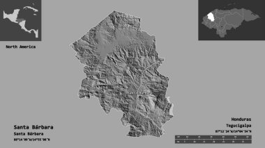 Santa Barbara 'nın şekli, Honduras Departmanı ve başkenti. Uzaklık ölçeği, ön gösterimler ve etiketler. Çift seviyeli yükseklik haritası. 3B görüntüleme