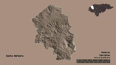 Santa Barbara 'nın şekli, Honduras Departmanı, sermayesi sağlam arka planda izole edilmiş. Uzaklık ölçeği, bölge önizlemesi ve etiketleri. Renkli yükseklik haritası. 3B görüntüleme