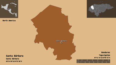 Santa Barbara 'nın şekli, Honduras Departmanı ve başkenti. Uzaklık ölçeği, ön gösterimler ve etiketler. Desenli dokuların bileşimi. 3B görüntüleme