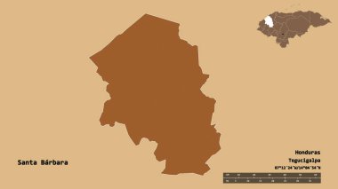 Santa Barbara 'nın şekli, Honduras Departmanı, sermayesi sağlam arka planda izole edilmiş. Uzaklık ölçeği, bölge önizlemesi ve etiketleri. Desenli dokuların bileşimi. 3B görüntüleme