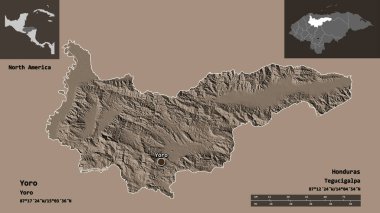 Yoro 'nun şekli, Honduras Bölümü ve başkenti. Uzaklık ölçeği, ön gösterimler ve etiketler. Renkli yükseklik haritası. 3B görüntüleme