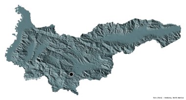 Honduras departmanı Yoro 'nun beyaz arka planda bulunan başkenti. Renkli yükseklik haritası. 3B görüntüleme