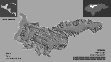Yoro 'nun şekli, Honduras Bölümü ve başkenti. Uzaklık ölçeği, ön gösterimler ve etiketler. Çift seviyeli yükseklik haritası. 3B görüntüleme