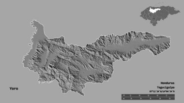 Honduras Departmanı Yoro 'nun şekli, sermayesi sağlam arka planda izole edilmiş. Uzaklık ölçeği, bölge önizlemesi ve etiketleri. Çift seviyeli yükseklik haritası. 3B görüntüleme