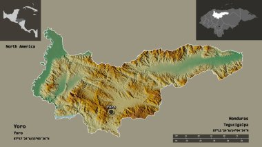 Yoro 'nun şekli, Honduras Bölümü ve başkenti. Uzaklık ölçeği, ön gösterimler ve etiketler. Topografik yardım haritası. 3B görüntüleme
