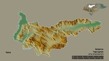 Honduras Departmanı Yoro 'nun şekli, sermayesi sağlam arka planda izole edilmiş. Uzaklık ölçeği, bölge önizlemesi ve etiketleri. Topografik yardım haritası. 3B görüntüleme