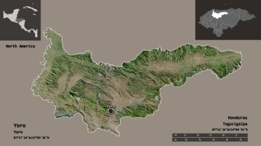 Yoro 'nun şekli, Honduras Bölümü ve başkenti. Uzaklık ölçeği, ön gösterimler ve etiketler. Uydu görüntüleri. 3B görüntüleme