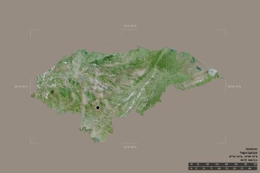 Honduras bölgesi, jeoreferatlı bir sınır kutusunda sağlam bir arka planda izole edilmiş. Ana bölgesel bölüm, mesafe ölçeği, etiketler. Uydu görüntüleri. 3B görüntüleme