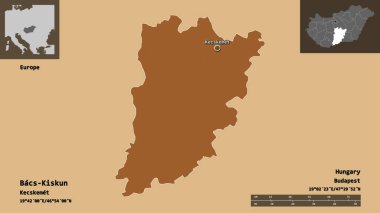 Macaristan 'ın Bacs-Kiskun ilçesi ve başkenti. Uzaklık ölçeği, ön gösterimler ve etiketler. Desenli dokuların bileşimi. 3B görüntüleme