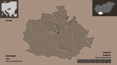 Macaristan 'ın Baranya ilçesi ve başkenti. Uzaklık ölçeği, ön gösterimler ve etiketler. Renkli yükseklik haritası. 3B görüntüleme