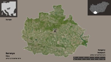 Macaristan 'ın Baranya ilçesi ve başkenti. Uzaklık ölçeği, ön gösterimler ve etiketler. Uydu görüntüleri. 3B görüntüleme