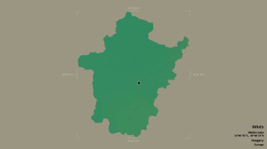 Bekes Bölgesi, Macaristan Bölgesi, katı bir arka planda izole edilmiş bir sınır kutusunda. Etiketler. Topografik yardım haritası. 3B görüntüleme