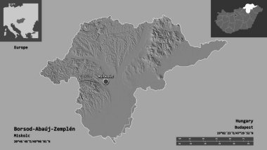 Macaristan 'ın Borsod-Abauj-Zemplen ilçesi ve başkenti. Uzaklık ölçeği, ön gösterimler ve etiketler. Çift seviyeli yükseklik haritası. 3B görüntüleme