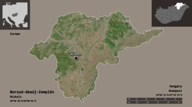 Macaristan 'ın Borsod-Abauj-Zemplen ilçesi ve başkenti. Uzaklık ölçeği, ön gösterimler ve etiketler. Uydu görüntüleri. 3B görüntüleme