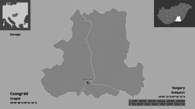 Macaristan 'ın Csongrad ilçesi ve başkenti. Uzaklık ölçeği, ön gösterimler ve etiketler. Çift seviyeli yükseklik haritası. 3B görüntüleme