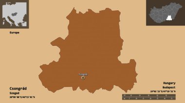 Macaristan 'ın Csongrad ilçesi ve başkenti. Uzaklık ölçeği, ön gösterimler ve etiketler. Desenli dokuların bileşimi. 3B görüntüleme