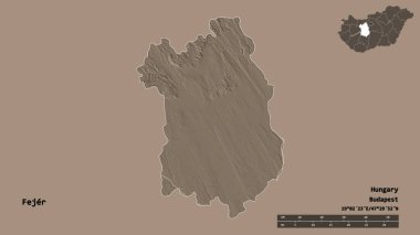 Macaristan 'ın Fejer ilçesi, başkenti sağlam bir zemin üzerinde izole edilmiştir. Uzaklık ölçeği, bölge önizlemesi ve etiketleri. Renkli yükseklik haritası. 3B görüntüleme