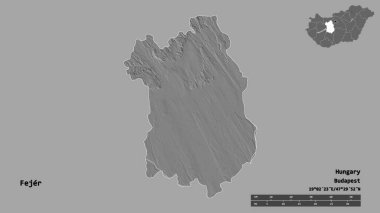 Macaristan 'ın Fejer ilçesi, başkenti sağlam bir zemin üzerinde izole edilmiştir. Uzaklık ölçeği, bölge önizlemesi ve etiketleri. Çift seviyeli yükseklik haritası. 3B görüntüleme