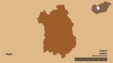 Macaristan 'ın Fejer ilçesi, başkenti sağlam bir zemin üzerinde izole edilmiştir. Uzaklık ölçeği, bölge önizlemesi ve etiketleri. Desenli dokuların bileşimi. 3B görüntüleme