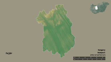 Macaristan 'ın Fejer ilçesi, başkenti sağlam bir zemin üzerinde izole edilmiştir. Uzaklık ölçeği, bölge önizlemesi ve etiketleri. Topografik yardım haritası. 3B görüntüleme