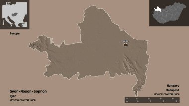 Macaristan 'ın Gyor-Moson-Sopron ilçesi ve başkenti. Uzaklık ölçeği, ön gösterimler ve etiketler. Renkli yükseklik haritası. 3B görüntüleme