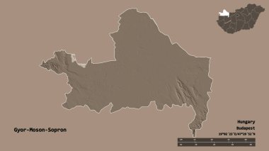 Macaristan 'ın Gyor-Moson-Sopron şehrinin başkenti sağlam bir arka planda izole edilmiştir. Uzaklık ölçeği, bölge önizlemesi ve etiketleri. Renkli yükseklik haritası. 3B görüntüleme