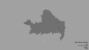 Macaristan 'ın Gyor-Moson-Sopron bölgesi, katı bir arka planda izole edilmiş bir sınır kutusunda. Etiketler. Çift seviyeli yükseklik haritası. 3B görüntüleme