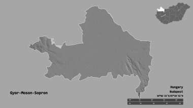 Macaristan 'ın Gyor-Moson-Sopron şehrinin başkenti sağlam bir arka planda izole edilmiştir. Uzaklık ölçeği, bölge önizlemesi ve etiketleri. Çift seviyeli yükseklik haritası. 3B görüntüleme