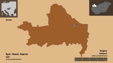 Macaristan 'ın Gyor-Moson-Sopron ilçesi ve başkenti. Uzaklık ölçeği, ön gösterimler ve etiketler. Desenli dokuların bileşimi. 3B görüntüleme