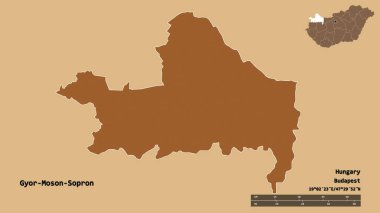 Macaristan 'ın Gyor-Moson-Sopron şehrinin başkenti sağlam bir arka planda izole edilmiştir. Uzaklık ölçeği, bölge önizlemesi ve etiketleri. Desenli dokuların bileşimi. 3B görüntüleme