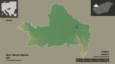 Macaristan 'ın Gyor-Moson-Sopron ilçesi ve başkenti. Uzaklık ölçeği, ön gösterimler ve etiketler. Topografik yardım haritası. 3B görüntüleme