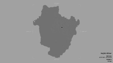 Macaristan 'ın Hajdu-Bihar ilçesi bir sınır kutusunda sağlam bir arka planda izole edilmiş. Etiketler. Çift seviyeli yükseklik haritası. 3B görüntüleme