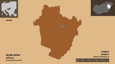 Macaristan 'ın Hajdu-Bihar ilçesi ve başkenti. Uzaklık ölçeği, ön gösterimler ve etiketler. Desenli dokuların bileşimi. 3B görüntüleme