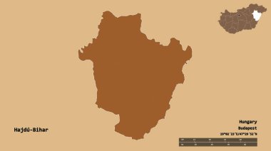 Macaristan 'ın Hajdu-Bihar ilçesi, başkenti sağlam arka planda izole edilmiştir. Uzaklık ölçeği, bölge önizlemesi ve etiketleri. Desenli dokuların bileşimi. 3B görüntüleme