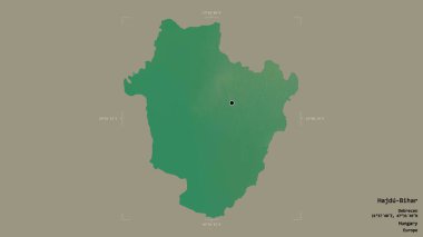 Macaristan 'ın Hajdu-Bihar ilçesi bir sınır kutusunda sağlam bir arka planda izole edilmiş. Etiketler. Topografik yardım haritası. 3B görüntüleme