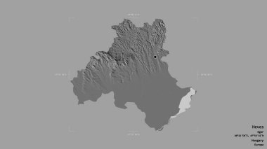Heves Bölgesi, Macaristan Bölgesi, katı bir arka planda izole edilmiş bir sınır kutusunda. Etiketler. Çift seviyeli yükseklik haritası. 3B görüntüleme