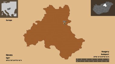 Heves 'in şekli, Macaristan ve başkenti. Uzaklık ölçeği, ön gösterimler ve etiketler. Desenli dokuların bileşimi. 3B görüntüleme