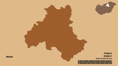 Macaristan 'ın Heves ilçesi, başkenti sağlam arka planda izole edilmiş. Uzaklık ölçeği, bölge önizlemesi ve etiketleri. Desenli dokuların bileşimi. 3B görüntüleme