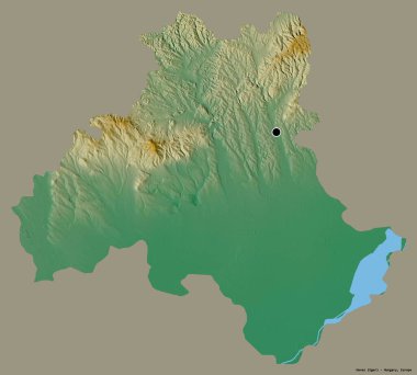 Macaristan 'ın Heves ilçesi, başkenti katı renk arkaplanı ile izole edilmiştir. Topografik yardım haritası. 3B görüntüleme