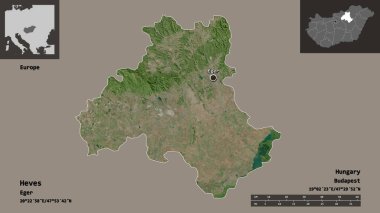 Heves 'in şekli, Macaristan ve başkenti. Uzaklık ölçeği, ön gösterimler ve etiketler. Uydu görüntüleri. 3B görüntüleme