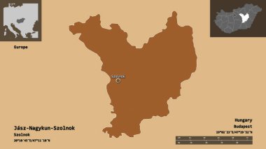 Macaristan 'ın Jasz-Nagykun-Szolnok ilçesi ve başkenti. Uzaklık ölçeği, ön gösterimler ve etiketler. Desenli dokuların bileşimi. 3B görüntüleme