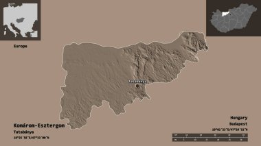 Macaristan 'ın Komarom-Esztergom ilçesi ve başkenti. Uzaklık ölçeği, ön gösterimler ve etiketler. Renkli yükseklik haritası. 3B görüntüleme