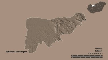 Macaristan 'ın Komarom-Esztergom ilçesi, başkenti sağlam bir zemine sahip. Uzaklık ölçeği, bölge önizlemesi ve etiketleri. Renkli yükseklik haritası. 3B görüntüleme