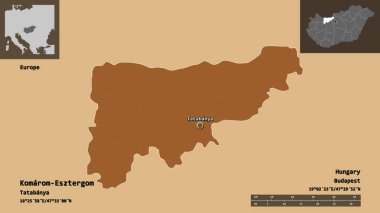 Macaristan 'ın Komarom-Esztergom ilçesi ve başkenti. Uzaklık ölçeği, ön gösterimler ve etiketler. Desenli dokuların bileşimi. 3B görüntüleme